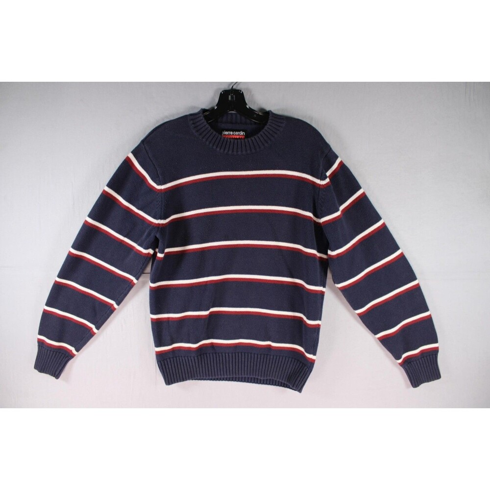 Pierre Cardin Men Classique Striped Sweater Navy Blue Red White 100% Cotton XL